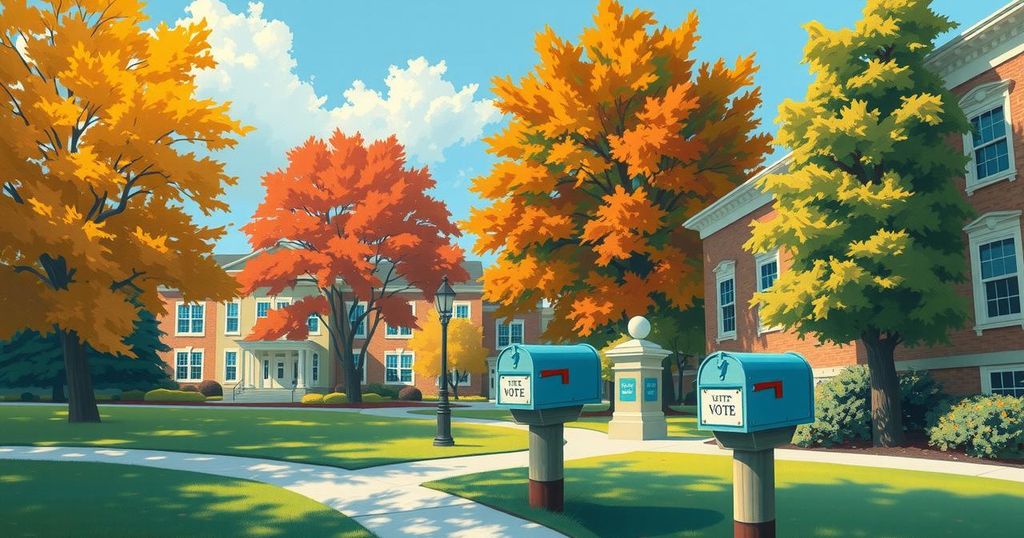 A peaceful college campus with trees, mailboxes, and a clear sky, symbolising political diversity among students.