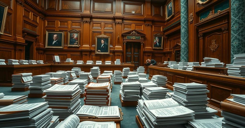 A declaration of legislative process showcasing the Senate chambers with bills and amendments on display