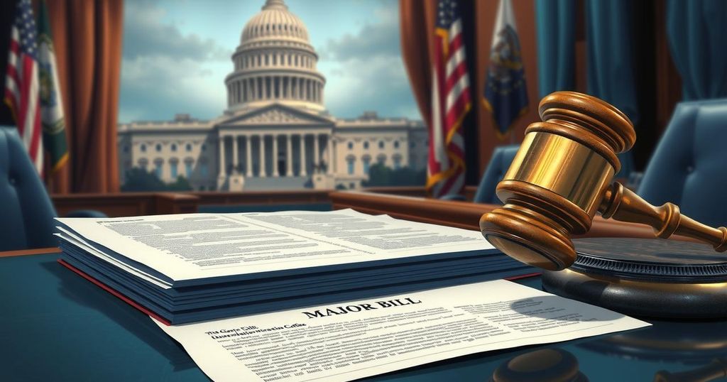 A symbolic illustration of a legislative process, depicting important documents, a gavel, and a backdrop of the US Capitol.