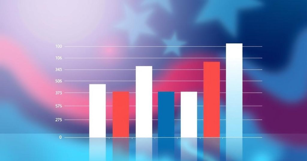 Abstract representation of political survey results, featuring bold graphs and contrasting colour schemes illustrating approval ratings.