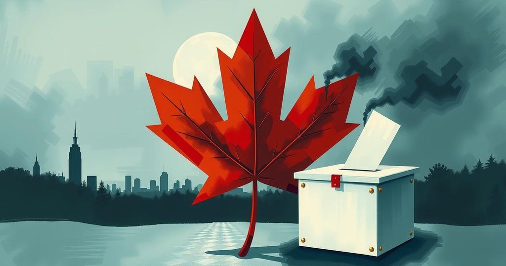 Symbolic representation of Canada's political change with maple leaf, ballot box, and skyline in subdued hues.