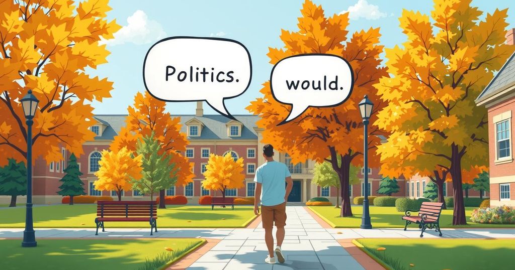Two college students discussing politics lightly on campus, highlighting political diversity in relationships.