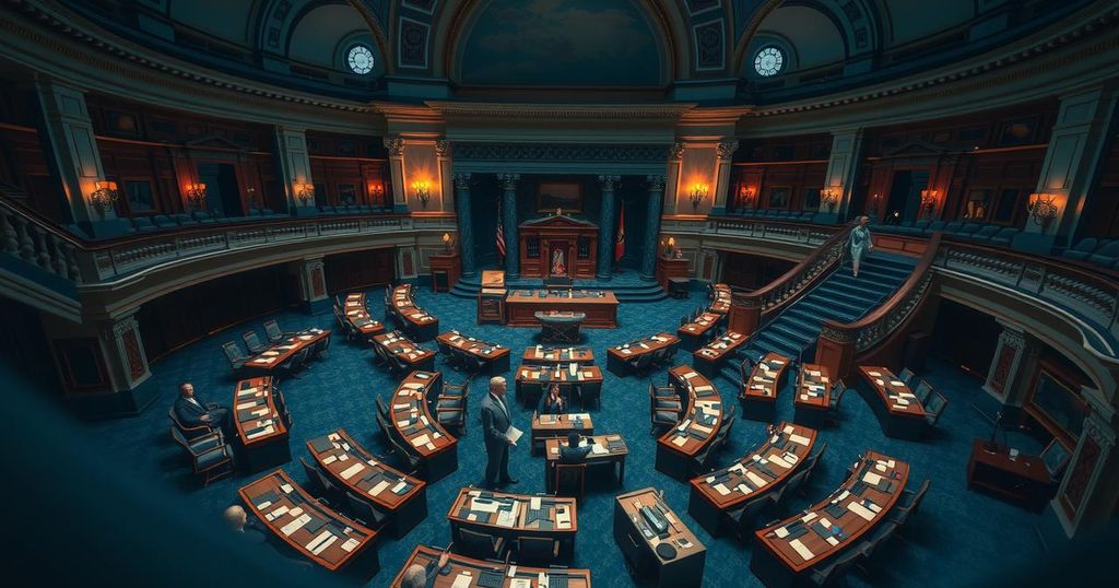 Senate in action during a late-night session, working together to create a legislation, emphasizing teamwork and determination.