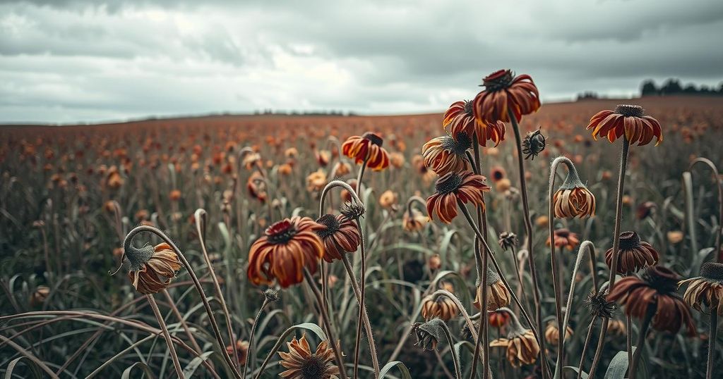 A sombre landscape depicting a barren field with wilting flowers, symbolizing declining support for liberal causes.