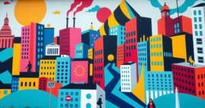 A lively mural depicting a cityscape with abstract figures and bright colours representing political discourse.