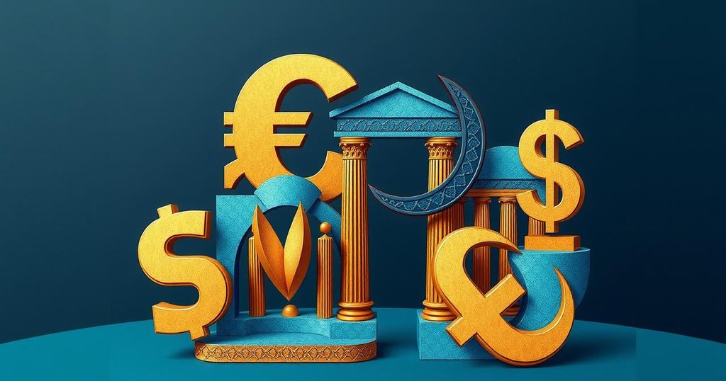 A depiction of power and wealth intersecting in politics with abstract currency symbols and architectural elements.