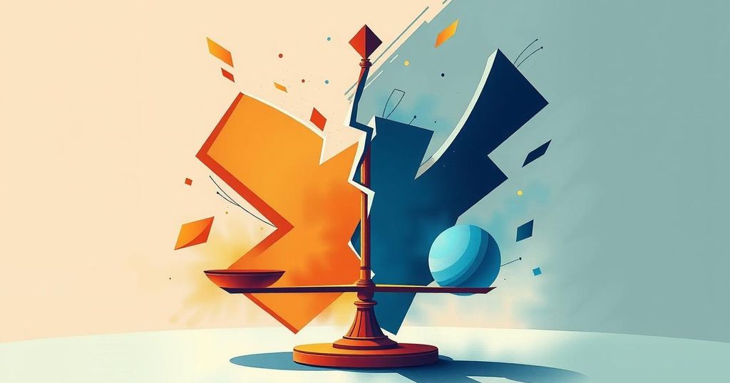 A conceptual illustration of a political debate between two ideologies, featuring symbolic elements like a broken scale and contrasting colours.