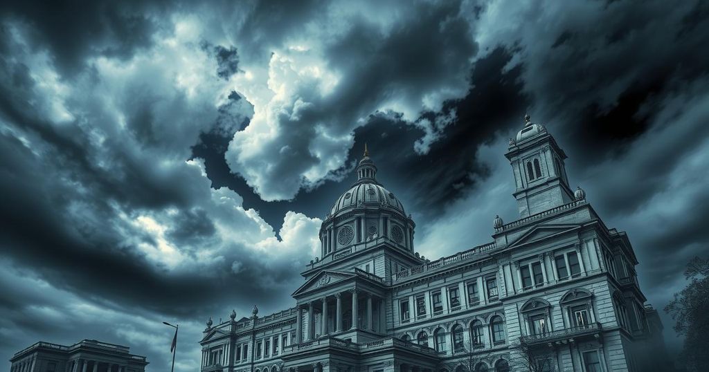 Gusty winds and stormy clouds over a historic building symbolizing procedural changes in governance.