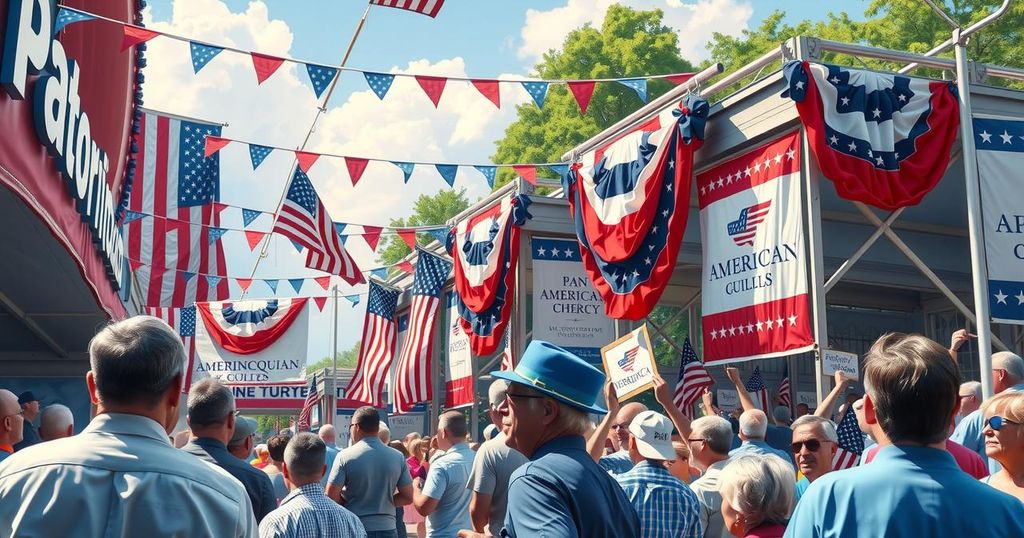 A vibrant outdoor rally scene with banners and patriotic decorations, filled with excited supporters and festive atmosphere.