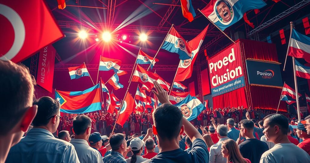 A vibrant rally scene with flags and banners, lively crowds and a bright stage under colourful lights, celebrating democracy.