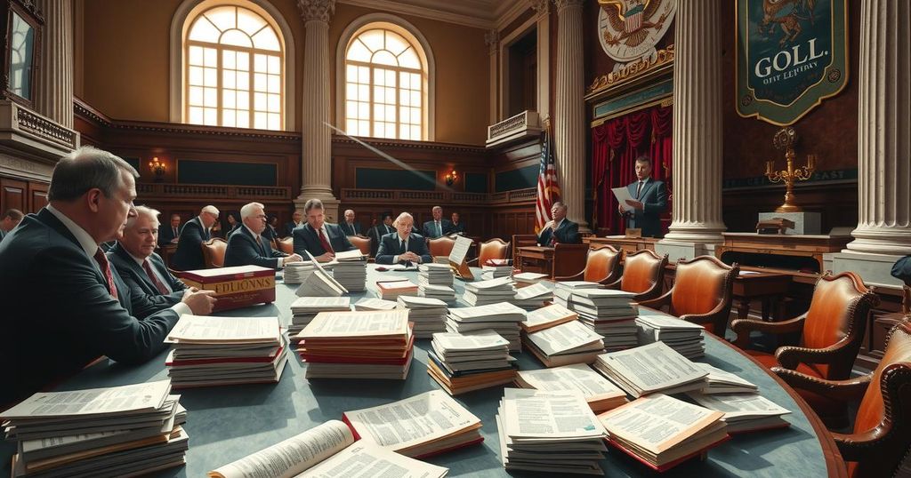 A legislative assembly in action, featuring a diverse array of bills, vibrant colour palette and bold artistic style