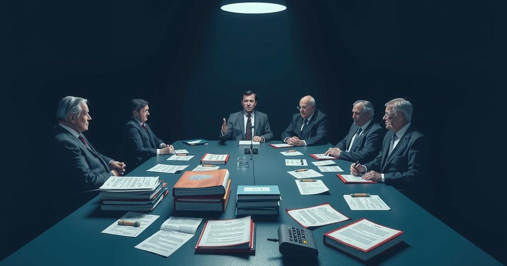 Bipartisan committee reviewing evidence of misconduct, focusing on ethical standards within Congress, with no people depicted.
