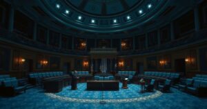 A political debate scene featuring a U.S. Senate chamber with empty seats and low lighting, reflecting conflict.