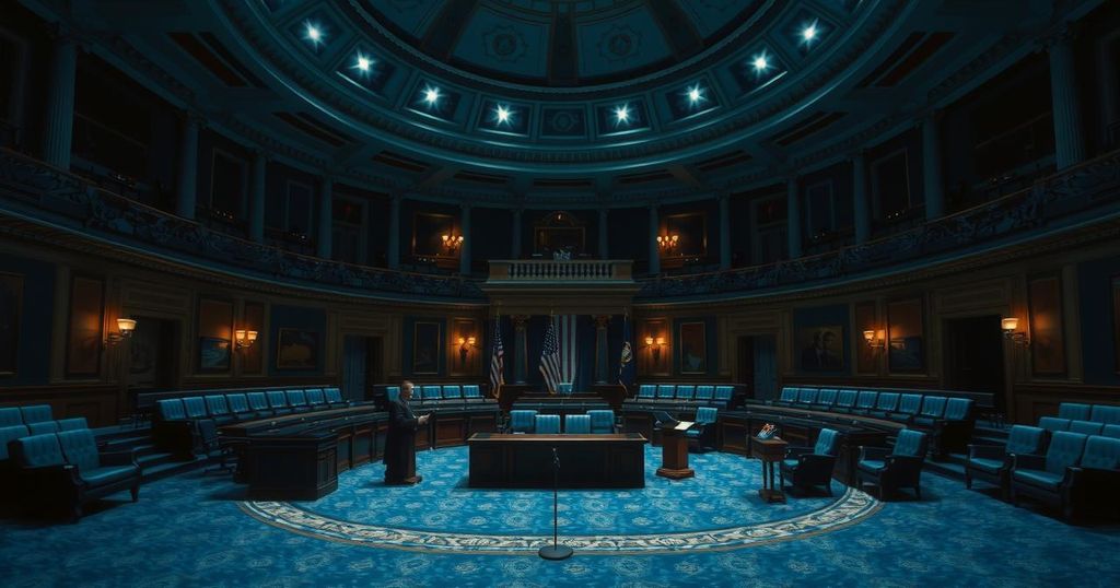 A political debate scene featuring a U.S. Senate chamber with empty seats and low lighting, reflecting conflict.