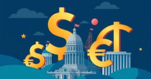 A political landscape with contrasting currency symbols, depicting money's influence on governance in a striking colour palette.