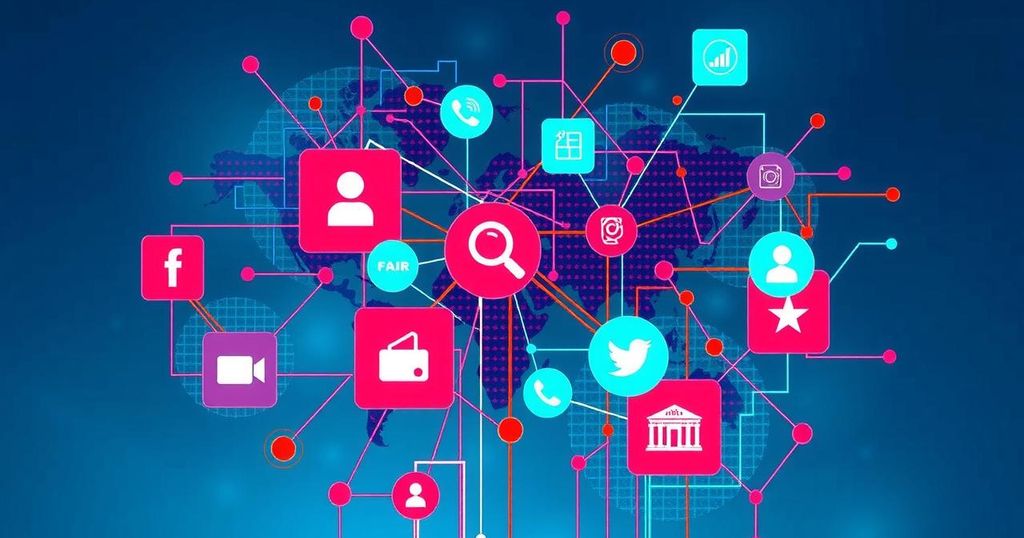 A conceptual image depicting powerful media influence in politics with digital symbols and abstract forms.
