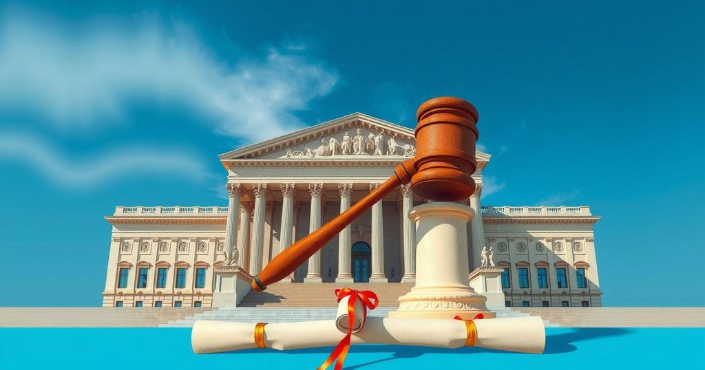 A legislative building surrounded by symbolic elements like a gavel and a scroll, representing political change.