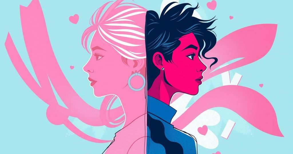 A conceptual split gender gap depicted with contrasting colours representing differing political views between young men and women.