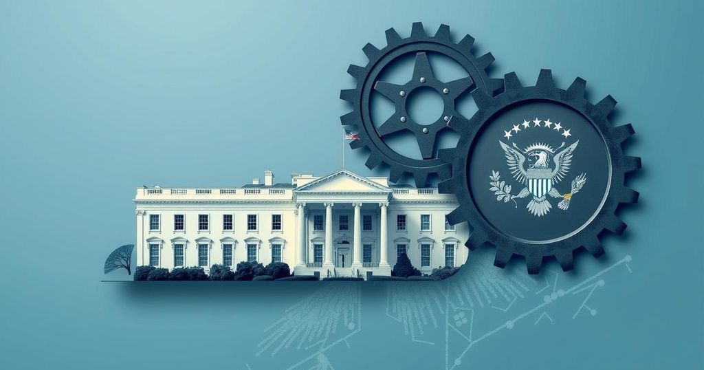 A visual representation of political transitions, featuring symbolic elements like a white house, gears, and a fading logo.