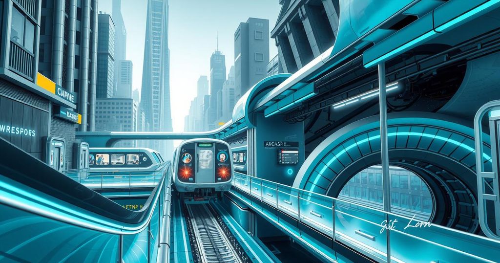 A futuristic cityscape representing innovation and technology, with tunnels and transport systems, in vibrant colours.