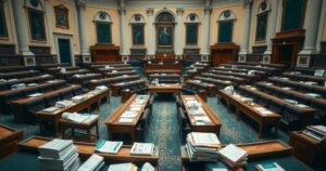 A legislative chamber filled with empty seats and stacks of documents, embodying political contention and negotiation.