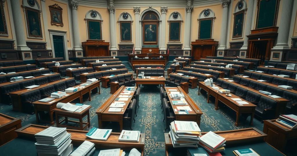 A legislative chamber filled with empty seats and stacks of documents, embodying political contention and negotiation.