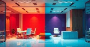 Corporate office with divided sections, abstract representation of political polarization shaping business decisions.