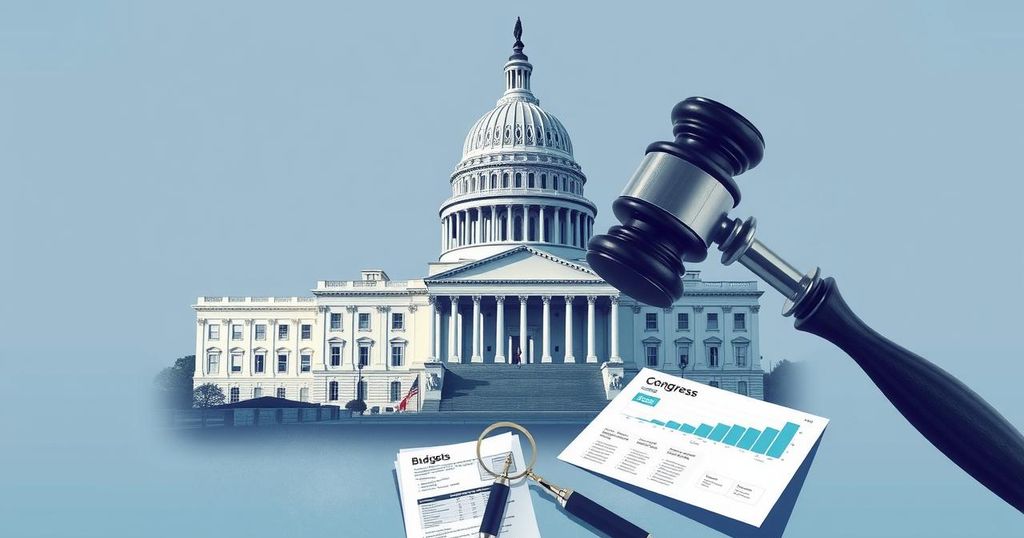 Graphic representing Congress with gavel, budget sheets, and US Capitol, in a political art style, using blue and grey tones.