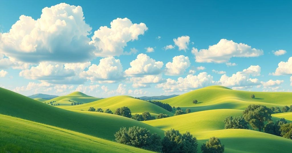A serene landscape representing political independence with green hills and a clear sky, embodying peace and neutrality.