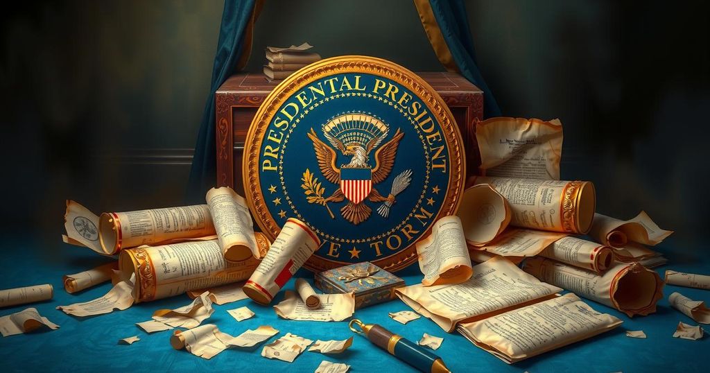 An artistic representation of a grandiose presidential seal surrounded by fragments of historical documents in royal colours.