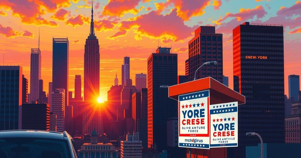 New York City skyline at sunset with campaign posters and a podium in the foreground, symbolizing political ambitions.